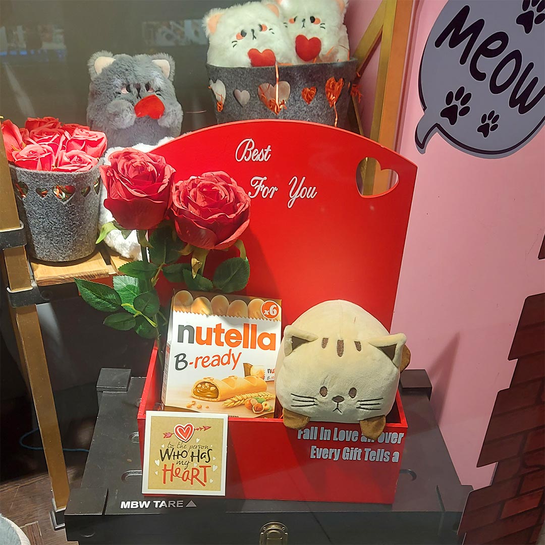 باکس میو میو با رز قرمز و عروسک گربه ای و نوتلا