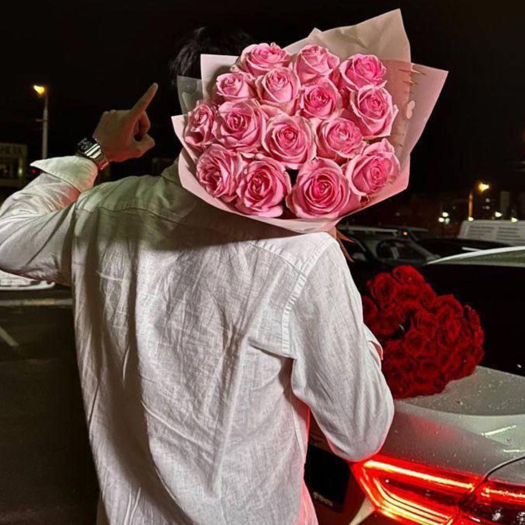 دسته گل رز صورتی هلندی کوچک طبیعی پررنگ درشت 15 شاخه